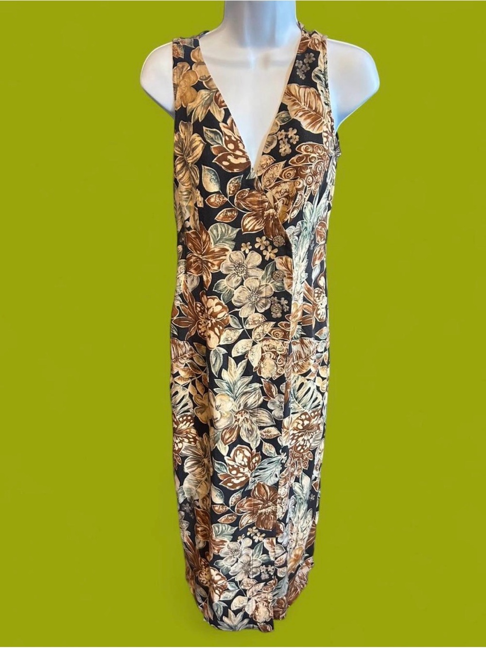 Vintage 90’s brown floral sleeveless wrap dress. All That Jazz